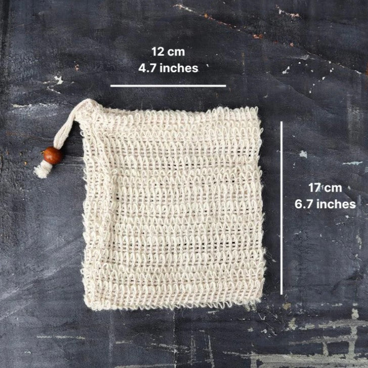 Large sisal soap saver pouch with size measurements, zero-waste exfoliating soap bag
