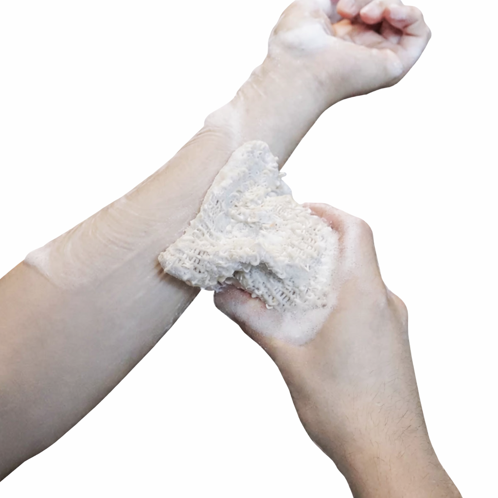 Using a sisal soap saver pouch to lather bar soap, zero-waste exfoliating bath accessory