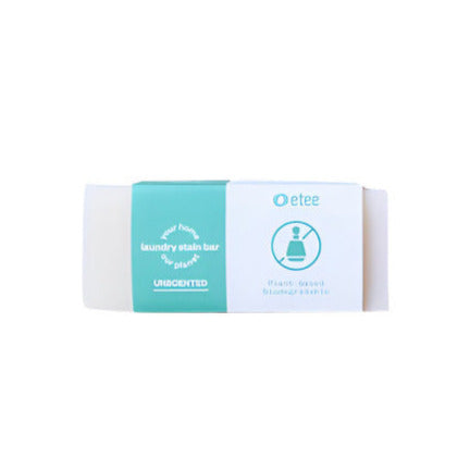 Etee Laundry Stain Stick compact white plastic tube with blue cap, 3-inch length, textured surface, and "Etee" logo visible