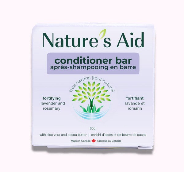 Nature's Aid conditioner bar with lavender and rosemary, firm texture, uplifting scent, Canadian-made, nourishing for all