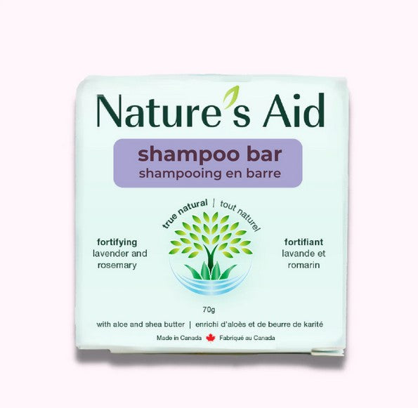 Nature's Aid lavender rosemary shampoo bar with essential oils, textured matte surface, compact size, and calming herbal