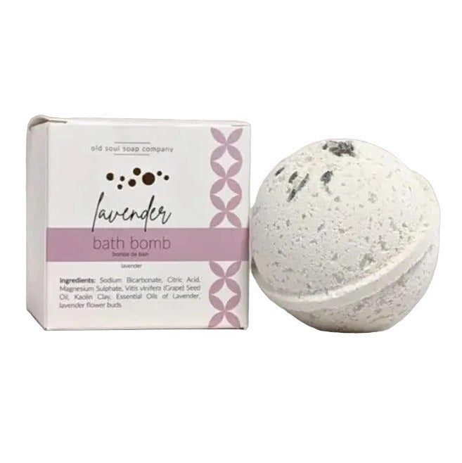 Lavender bath bomb with embedded dried lavender buds, from the Old Soul Soap Company on a white background