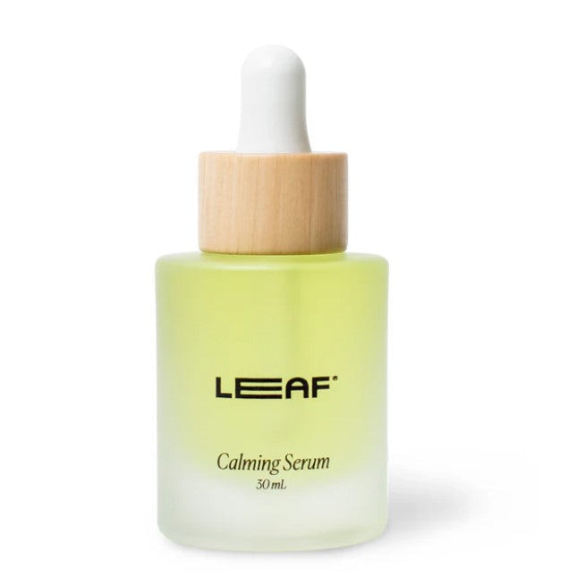 Close-up of the Leaf Shave Calming Serum’s textured dropper tip showing soothing botanical ingredients and soft