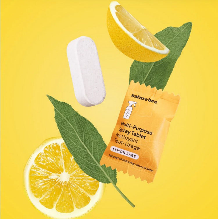 Close-up of the biodegradable packaging with lemon and sage illustrations on the label, highlighting eco-friendly design