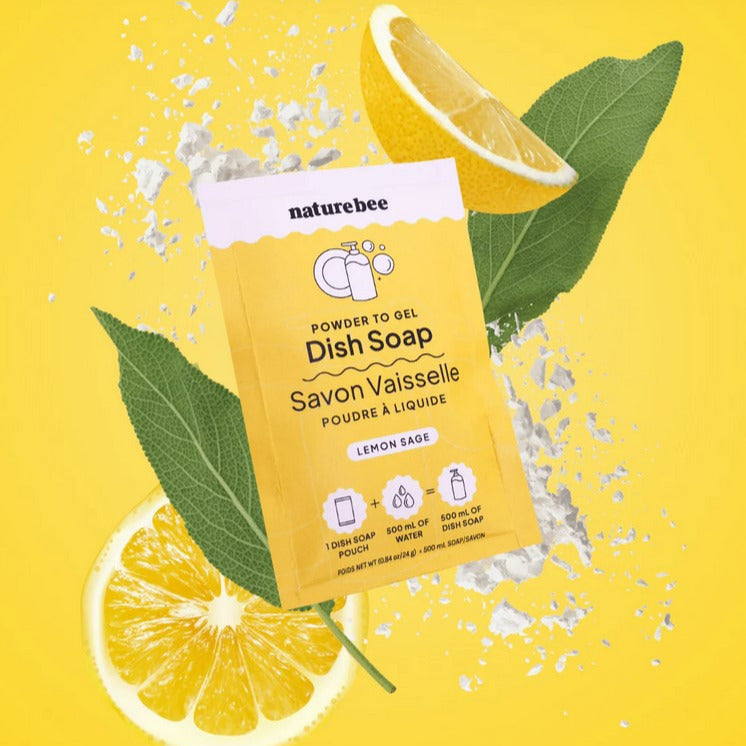 Close-up of the lemon sage scent label on the clear gel-to-powder dish soap container with textured surface and bright green