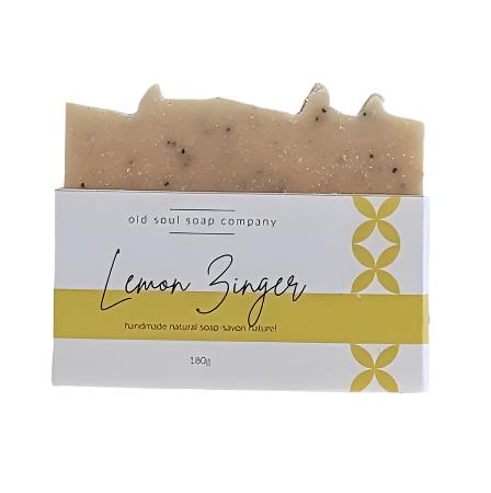 Lemon Zinger artisan soap bar with textured lemon peel and mint swirls, 4 oz, handcrafted by Old Soul Soap Company, vegan