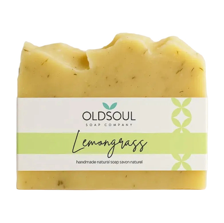 Bar of Canadian made essential oil exfoliating vegan soap with 'OldSoul Soap Company' label on a white background background