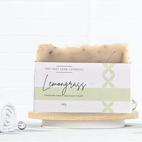 Lemongrass artisan vegan soap bar by Old Soul Soap Company, natural yellow-green coloring, textured surface, handcrafted in
