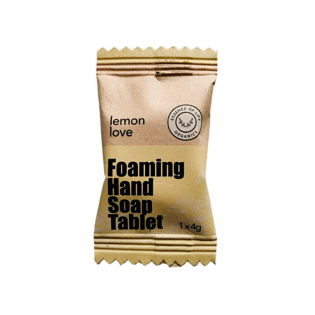 Essence of Life Organics Lemon Love foaming hand soap tablet in recyclable packaging, made in Canada, featuring organic