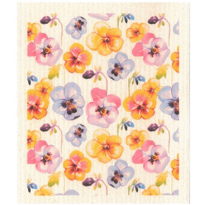Little Pansy Swedish dishcloth by More Joy with colourful pansy flowers, reusable eco-friendly sponge cloth made from cellulose and cotton, plastic-free kitchen cleaning alternative in Canada