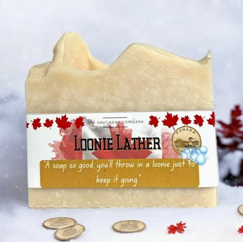Loonie Lather Canadian Soap bar, vegan, 3.5 oz, natural beige color with textured surface, from Old Soul Soap Company
