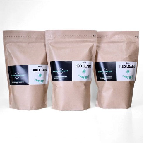 Set of three etee plastic-free laundry detergent concentrate powder bags, 180 loads each, low-tox biodegradable detergent in paper packaging, scoop not included