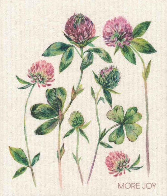 Lucky Clover More Joy Swedish Dishcloth in biodegradable cellulose and cotton with floral clover design, absorbent and