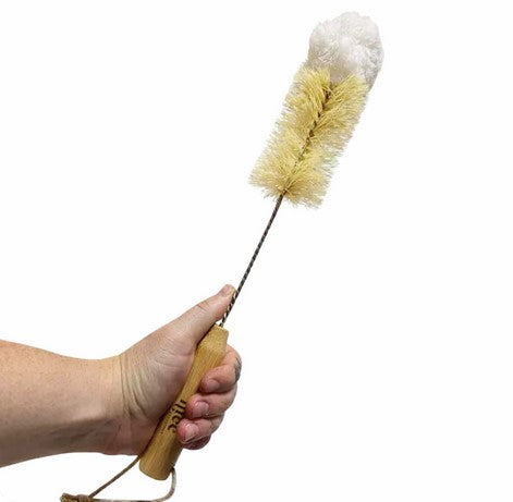 Make Nice Company bottle brush with beechwood handle, plant-based agave bristles, and cotton tip for plastic-free bottle cleaning