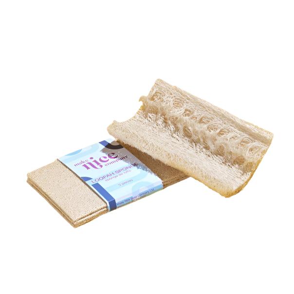 Make Nice Company set of 3 natural loofah sponges with textured, exfoliating surface, green and beige tones, perfect for