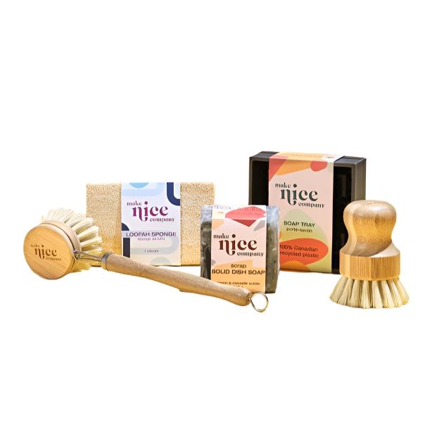 Make Nice Company zero waste dish soap bar in unscented, rectangular aluminum tin with kraft paper packaging and label