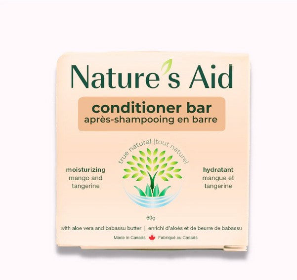 Nature's Aid moisturizing conditioner bar with mango butter, tangerine scent, smooth texture, suitable for dry hair, made in