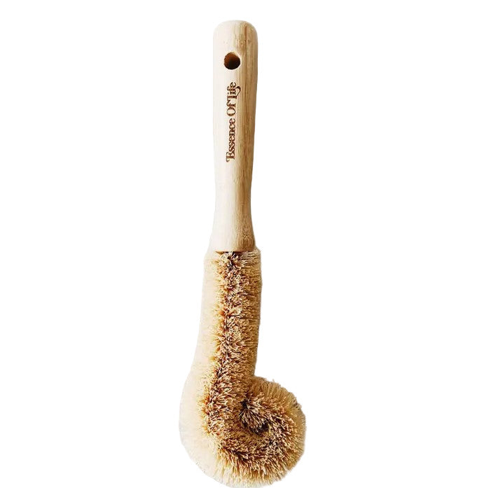 Compostable short bottle brush with natural wooden handle from Essence of Life Organics for kitchen cleaning
