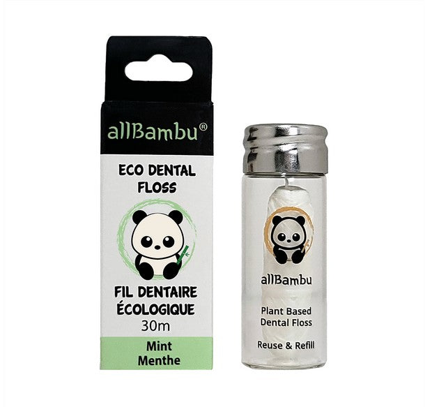 allBambu plastic-free mint dental floss spool with white plant-based biodegradable silk thread