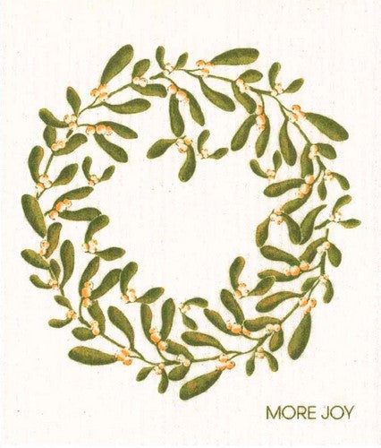 Mistle Wreath More Joy Swedish Dishcloth featuring a red and green Christmas mistletoe design, biodegradable, absorbent