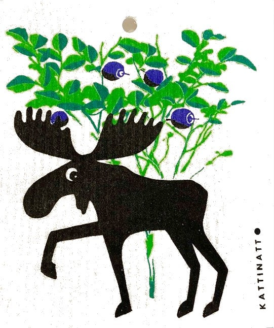Moose in blueberry forest Kattinatt Swedish dishcloth reusable eco sponge cloth cellulose cotton Canadian wildlife design sustainable cleaning Canada