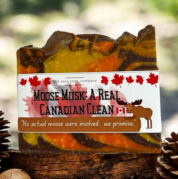 Moose Musk Canadian vegan bar soap in earthy brown rectangular shape with textured surface, branded by Old Soul Soap Company