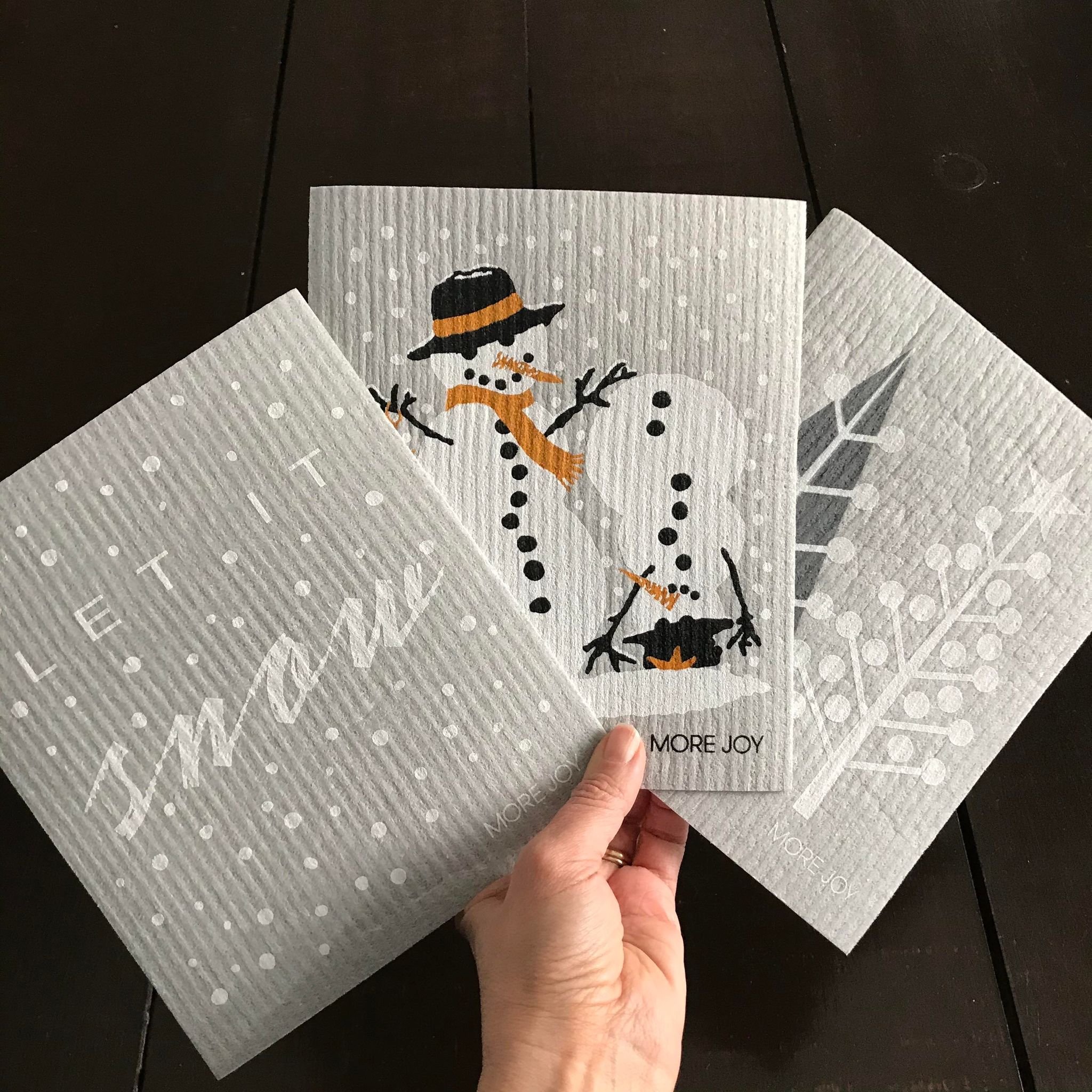 Winter MORE JOY Swedish dishcloths set of 3 with festive Christmas-themed biodegradable cellulose and cotton textured cloths