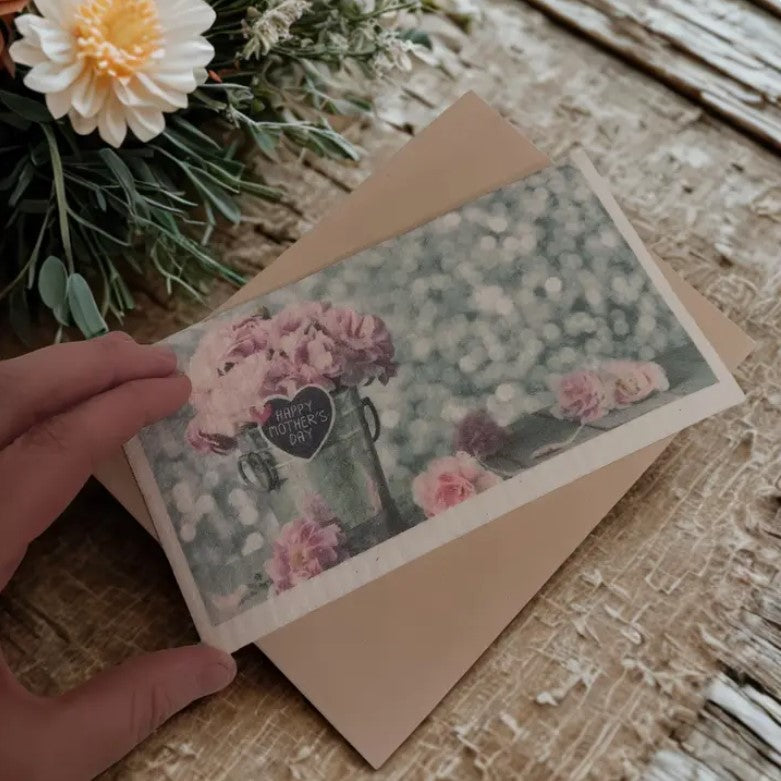 Swedish dishcloth Mother’s Day card flowers in vase design with envelope eco friendly reusable cloth Canada