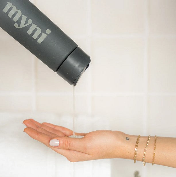 Myni 3 in 1 Starter Set: black and green bottles with shampoo, conditioner, and body wash for all skin types, made in Canada