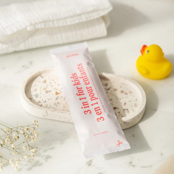 Myni 3-in-1 Coco Melon powder-to-gel for kids, gentle hair and skin cleanser, light coconut scent, 150g refill, made in