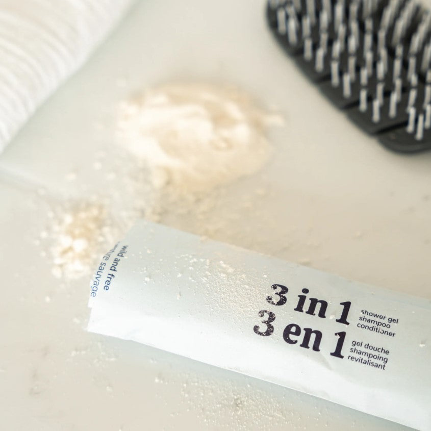 Close-up of Myni 3-in-1 Shampoo, Conditioner + Body Wash label highlighting natural, farm-raised ingredients and