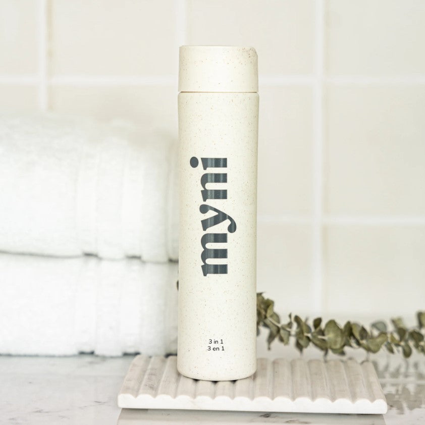 Close-up of Myni 3-in-1 Starter Set bottle neck showcasing the fresh citrus scent and textured label detail