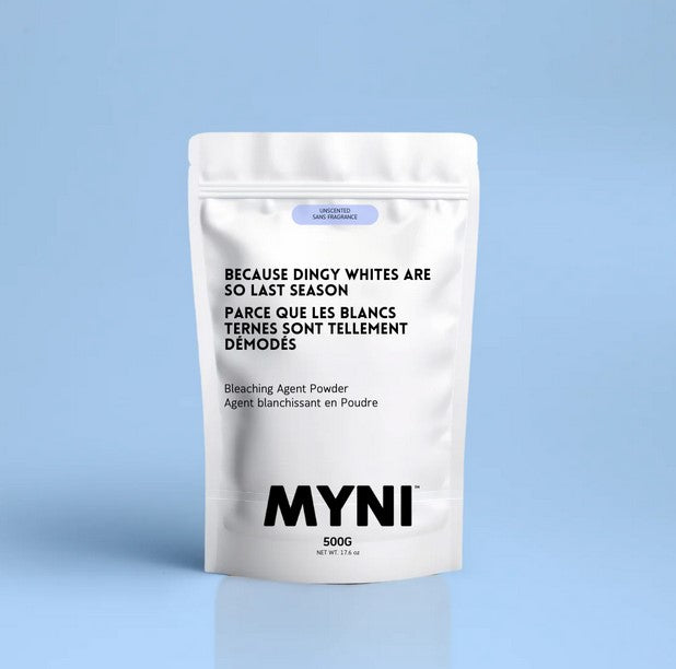 Close-up of the Myni Bleaching Agent Powder packaging showing the textured, white powder and detailed label with ingredients.