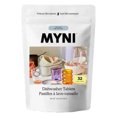 Myni dishwasher detergent tablets in a clear plastic container, concentrated formulation, Canadian brand, kitchen cleaning
