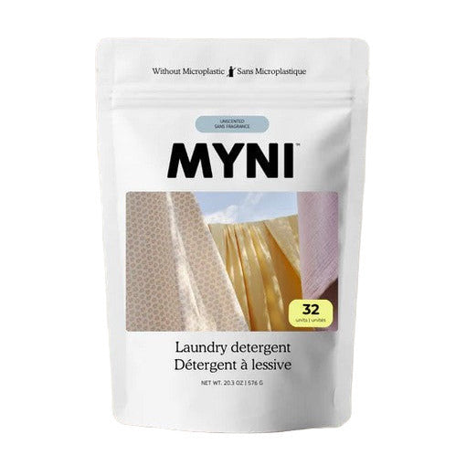 Myni laundry detergent tablets in clear plastic container with white tablets, eco-friendly, fragrance-free, made in Canada