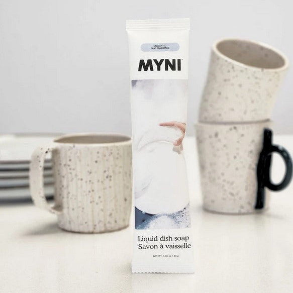 Myni unscented dish soap concentrate refill pouch with minimalist kitchen mugs eco friendly powder to liquid dish soap Canada