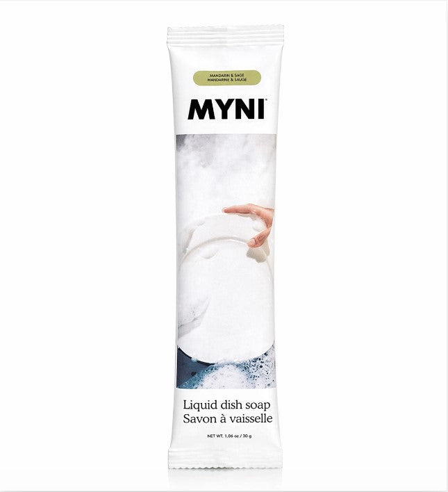 Myni Mandarin Sage dish soap concentrate refill pouch eco friendly powder to liquid dish soap compostable packaging zero waste kitchen Canada
