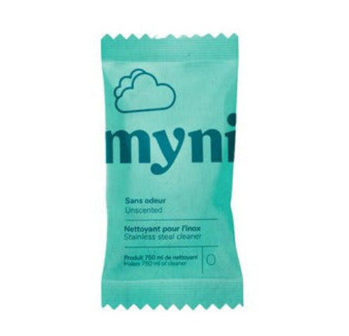 Myni biodegradable stainless steel cleaning tablet in a compostable pouch, made in Canada, for household cleaning tasks on a white background.