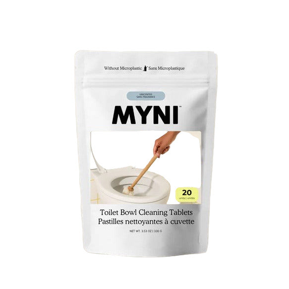 Myni toilet bowl cleaning tablet in white plastic holder attached to standard porcelain toilet bowl, Canadian made