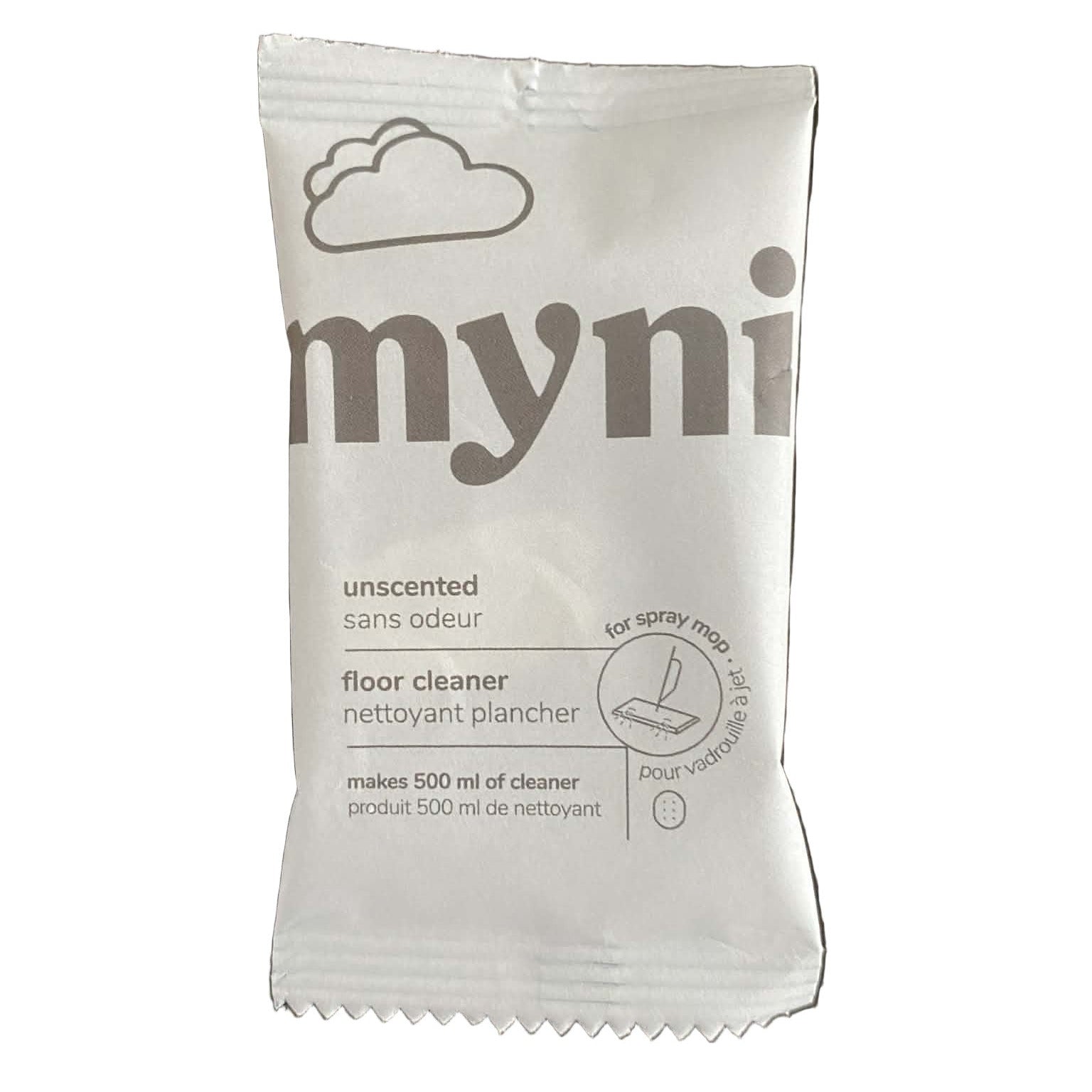 myni unscented spray mop floor cleaner tablet in compostable package for 500 ml eco-friendly zero-waste floor cleaning on a white background
