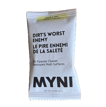 Myni All Purpose Cleaner Tablet Lemon and Mint Dirt’s Worst Enemy packaging Canadian biodegradable multi-surface cleaner