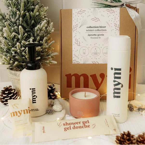 Myni personal care gift box with frosted fir motif, includes bath and shower products, Canadian-made packaging, ideal for