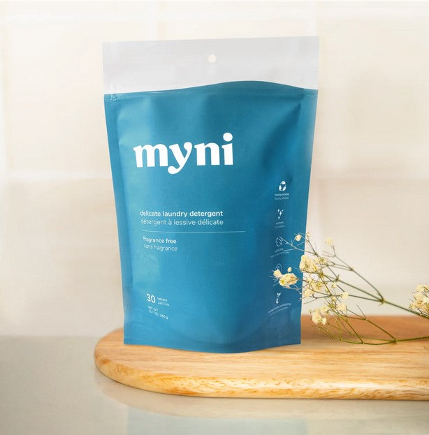 Myni Delicate Laundry Tablets in eco-friendly recyclable packaging for gentle, Canadian-made laundry of delicate fabrics