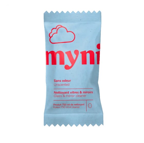 Myni Glass and Mirror Cleaner Tablet Unscented in blue compostable packaging, zero-waste streak-free glass cleaning tablet made in Canada