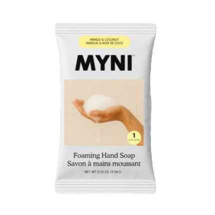 Myni Mango Coconut foaming hand soap refill in white plastic pouch with blue accents, 16 oz capacity