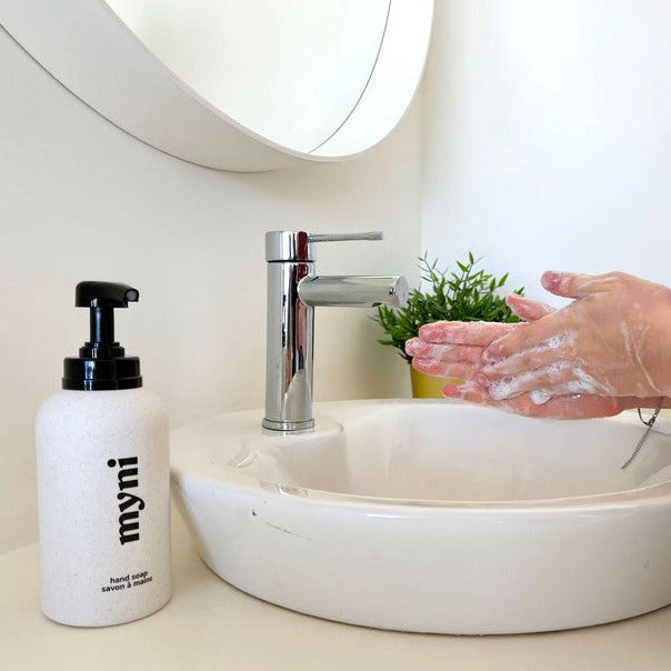 Myni Liquid Hand Soap Starter Set with citrus blossom and fresh eucalyptus gel concentrates, packaged in eco-friendly refill