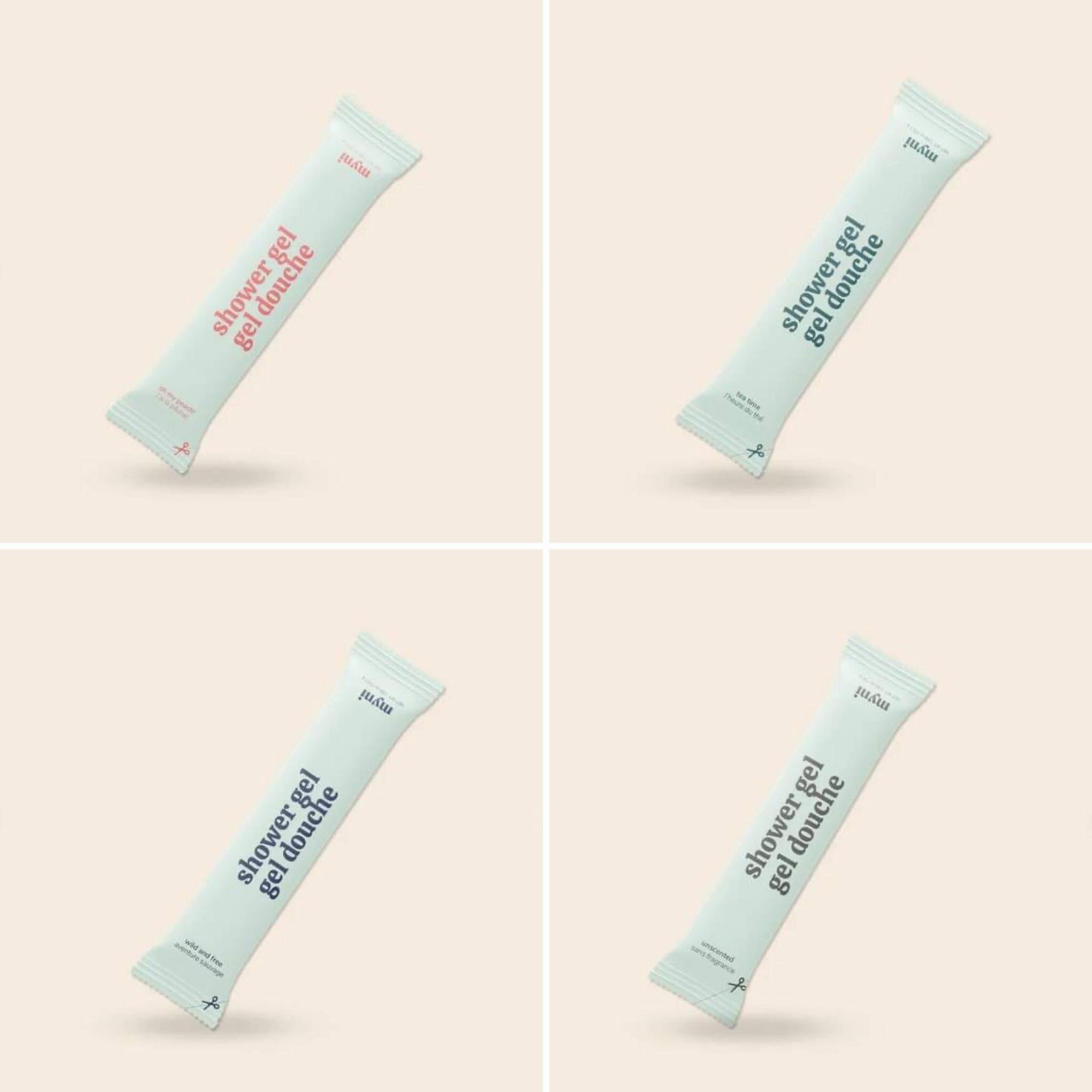 Myni fragrance-free shower gel with peach scent in clear plastic bottle, Canadian-made personal care product