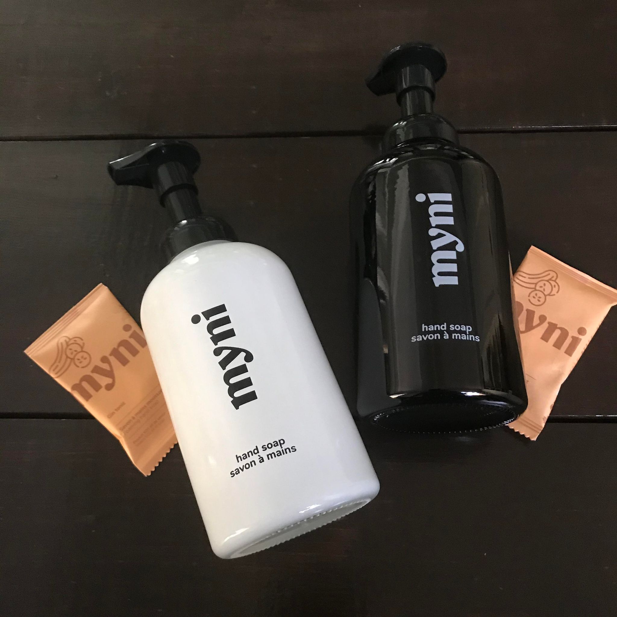 Myni black glass foaming hand soap bottle with white pump, 8 oz capacity, in gift set, Canadian brand, kitchen essential