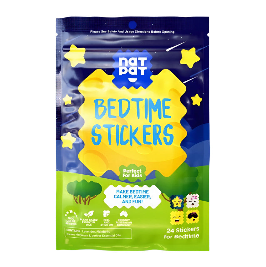 Close-up of the colorful sticker designs and textured finish on the NATPAT Bedtime Sleep Promoting Stickers sheet side view
