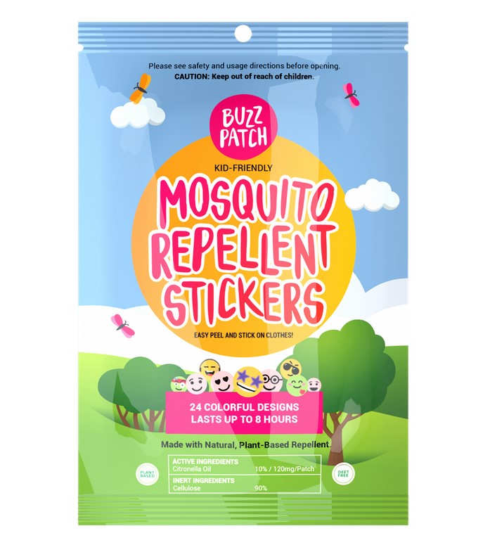Close-up of the bright yellow sticker with mosquito repellent scent indicator and child-friendly cartoon design on the